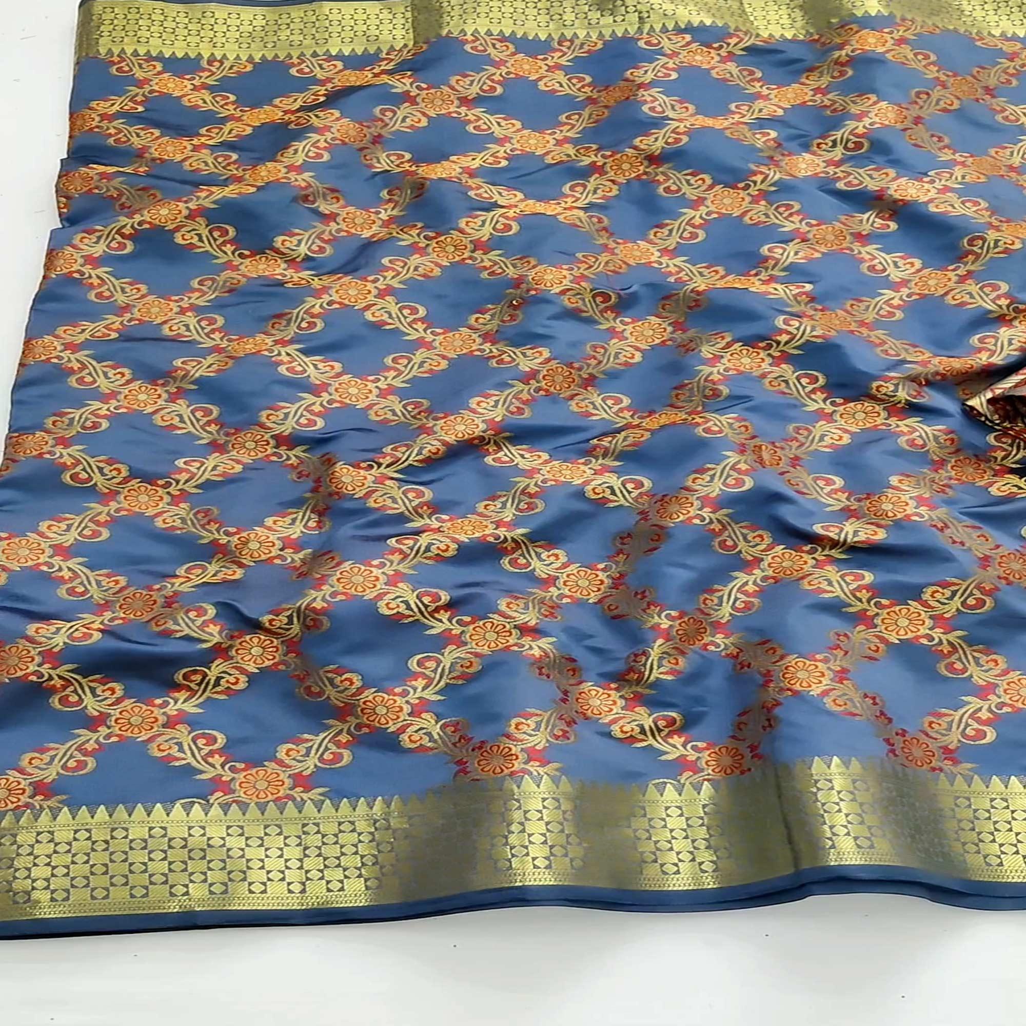 Blue Festive Wear Woven Silk Saree With Meena Butta Rich Pallu - Peachmode
