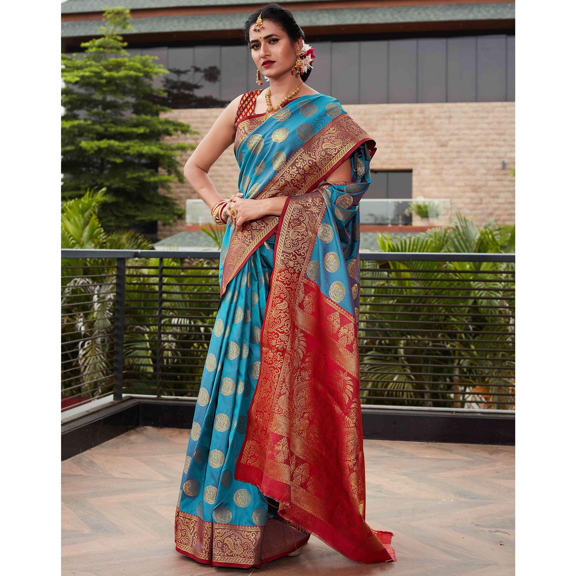 Blue Festive Wear Woven Silk Saree With Meena Butta Rich Pallu - Peachmode