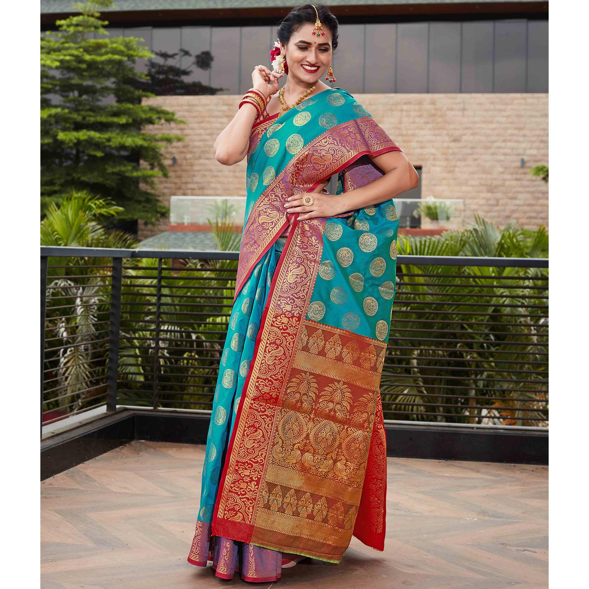 Blue Festive Wear Woven Silk Saree With Meena Butta Rich Pallu - Peachmode