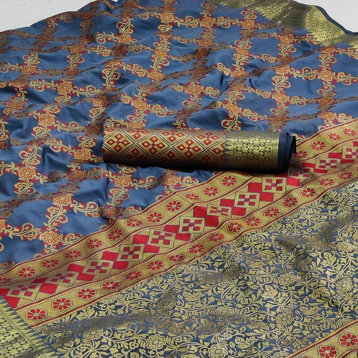 Blue Festive Wear Woven Silk Saree With Meena Butta Rich Pallu - Peachmode