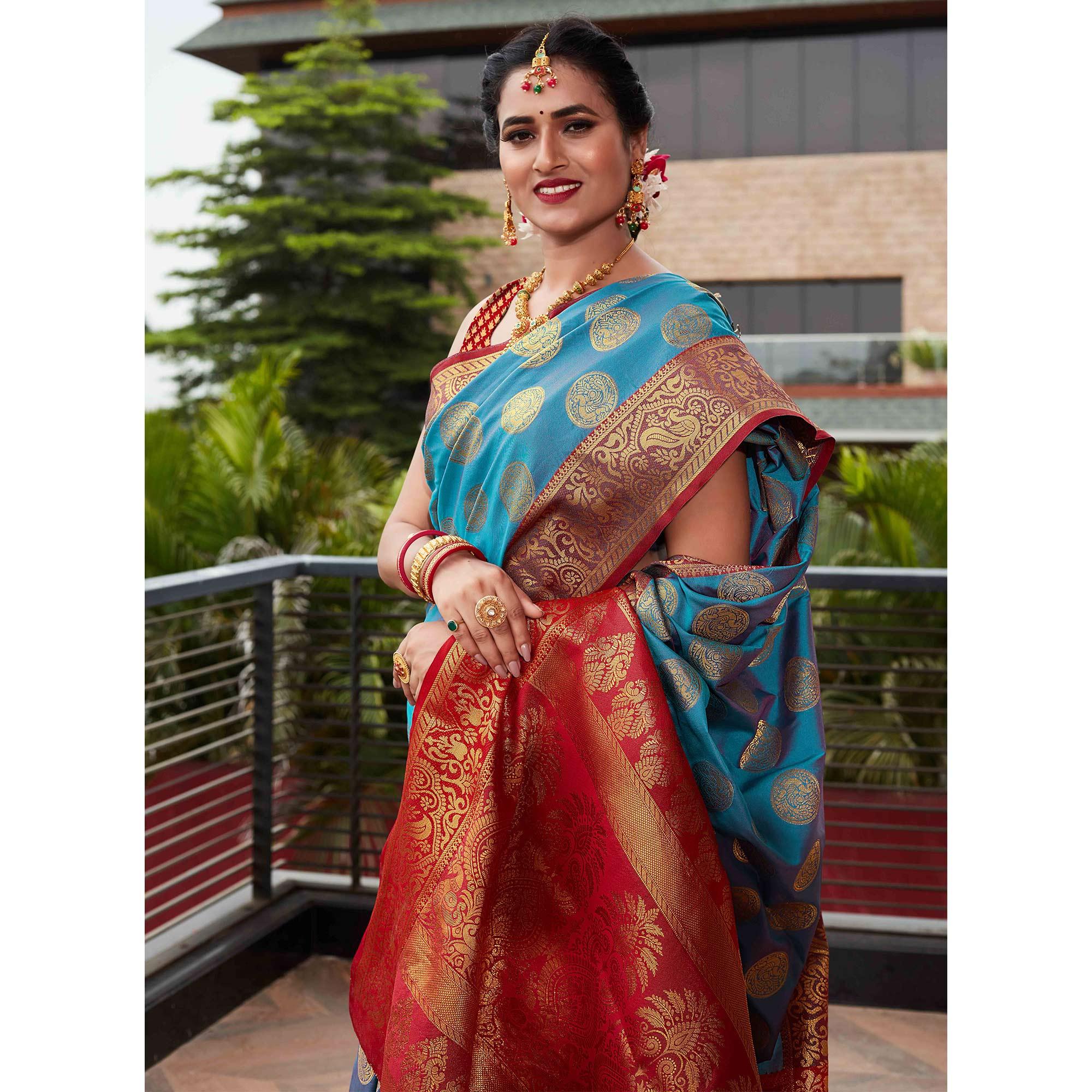 Blue Festive Wear Woven Silk Saree With Meena Butta Rich Pallu - Peachmode
