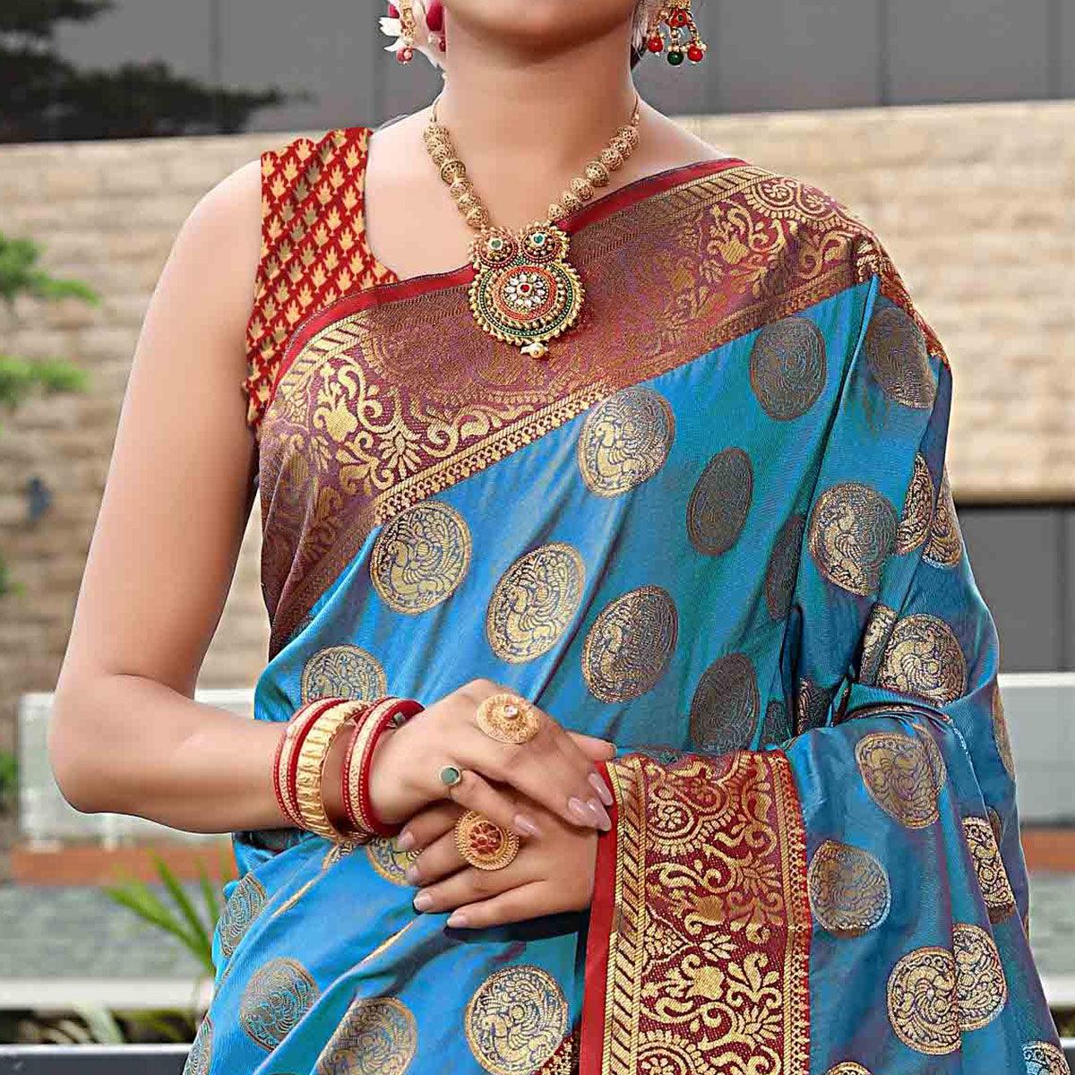 Blue Festive Wear Woven Silk Saree With Meena Butta Rich Pallu - Peachmode