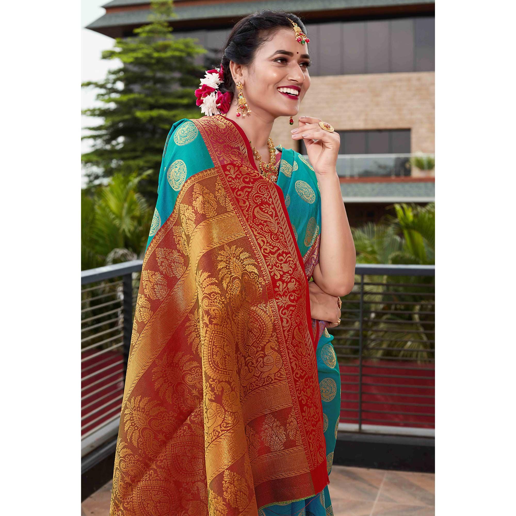 Blue Festive Wear Woven Silk Saree With Meena Butta Rich Pallu - Peachmode