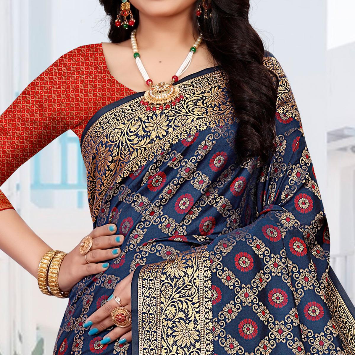 Blue Festive Wear Woven Silk Saree With Patola Rich Pallu - Peachmode