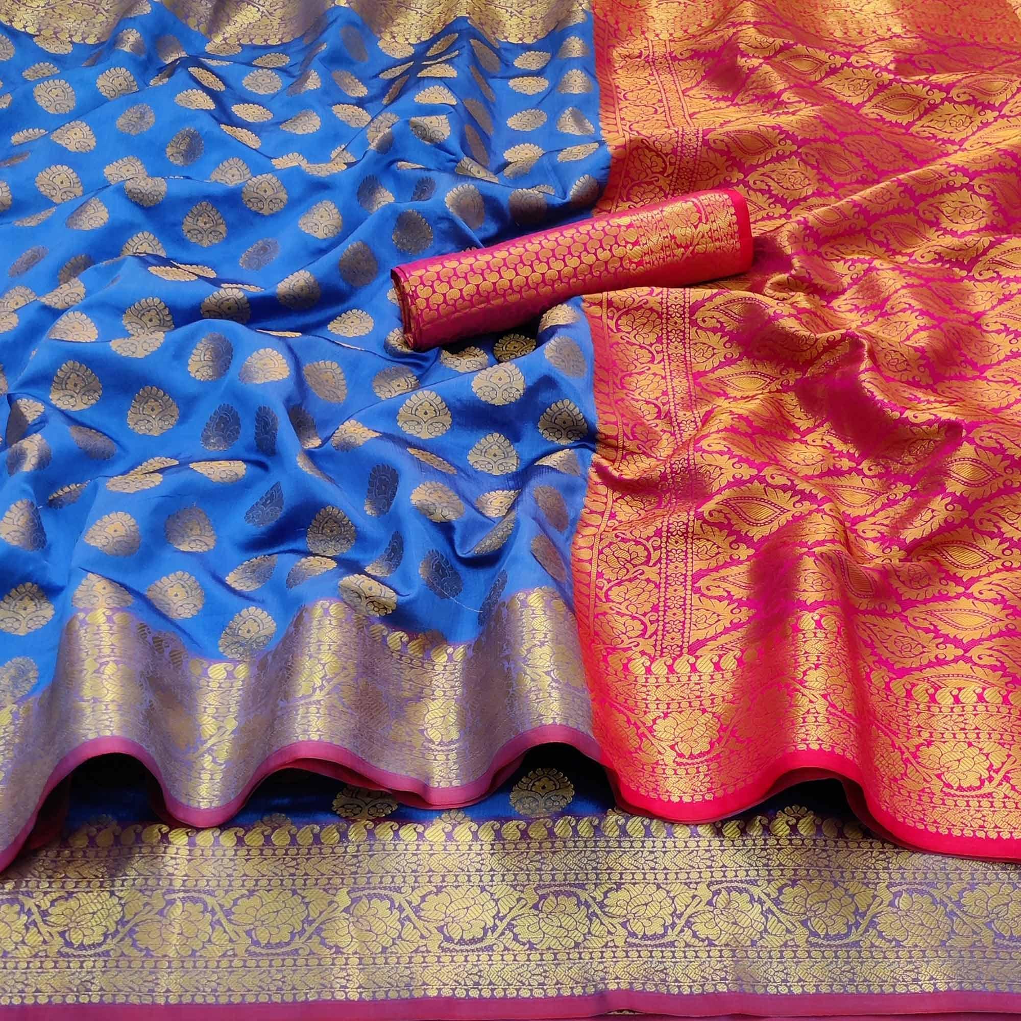 Blue Festive Wear Woven Silk Saree With Rich Pallu - Peachmode