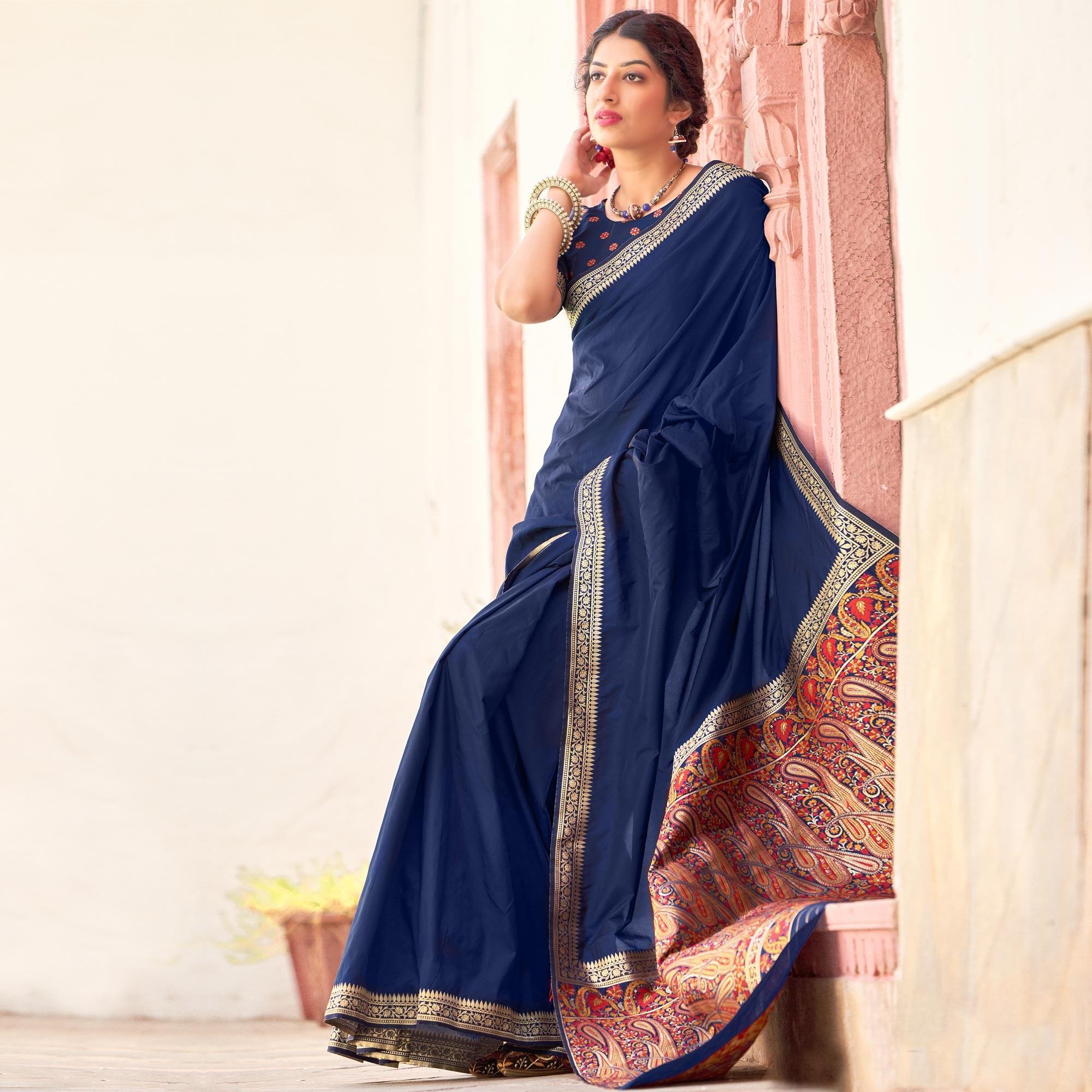 Blue Festive Wear Woven Soft Banarasi Silk Saree - Peachmode