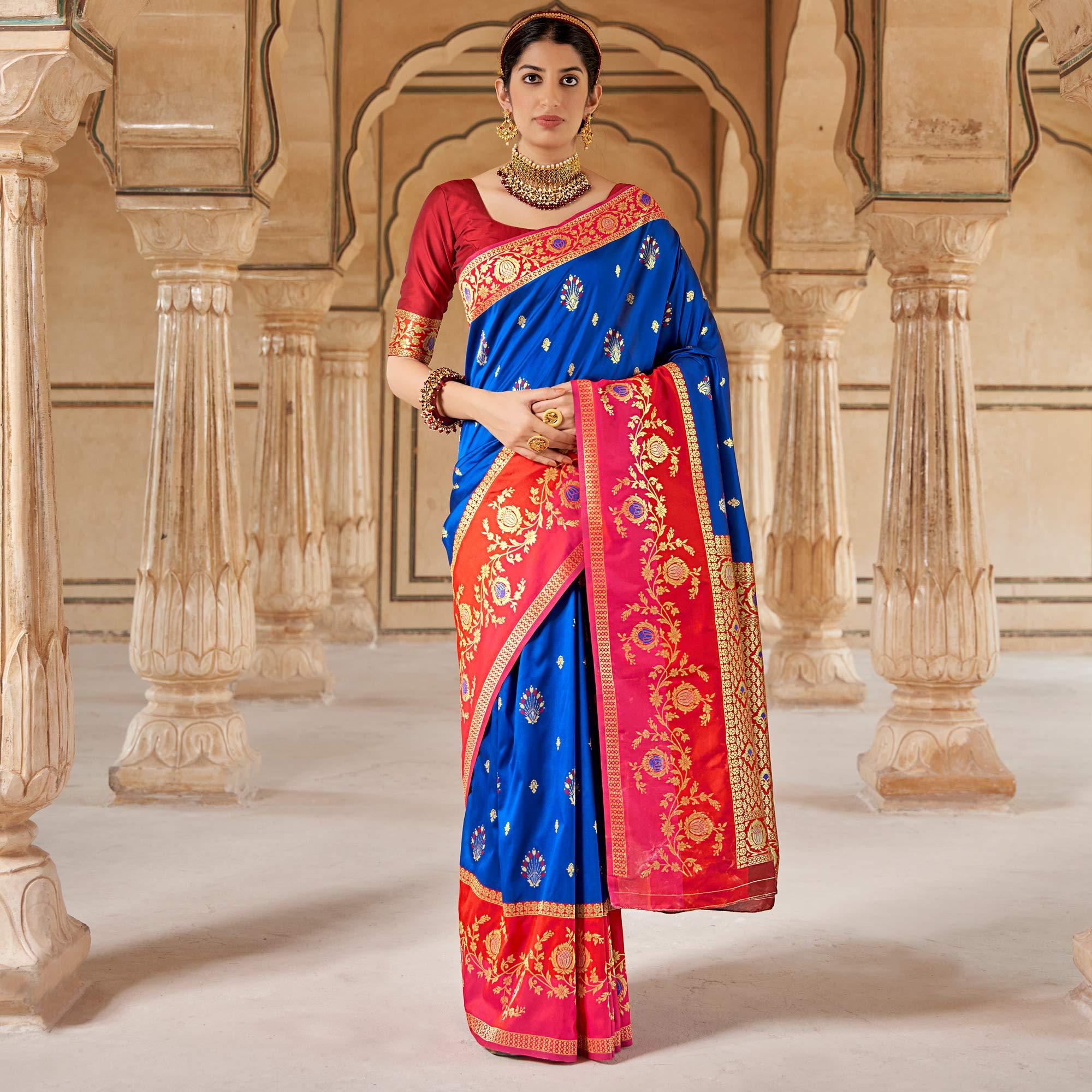 Blue Festive Wear Woven Soft Banarasi Silk Saree - Peachmode