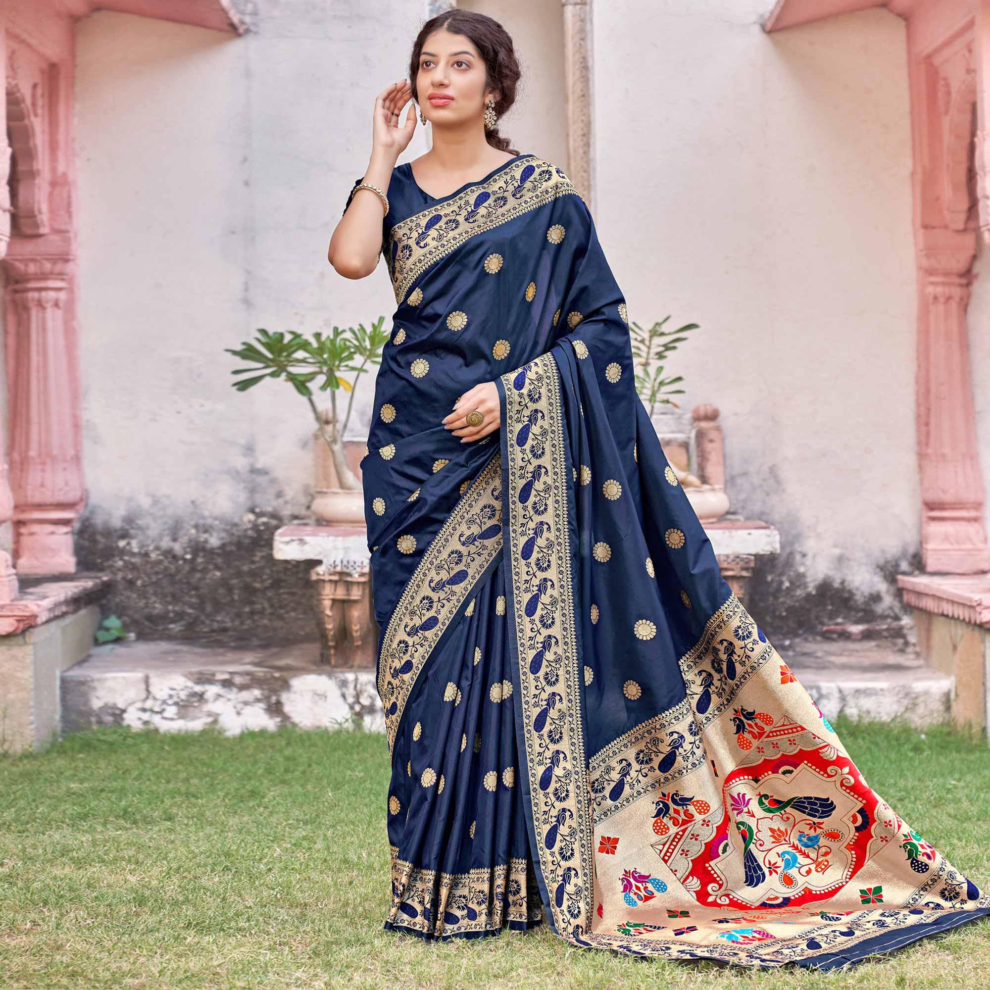 Blue Festive Wear Woven Soft Banarasi Silk Saree - Peachmode