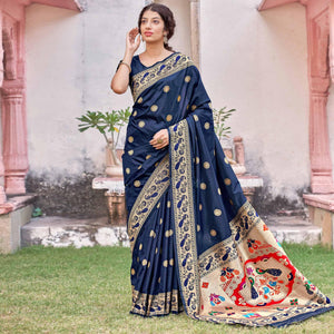 Blue Festive Wear Woven Soft Banarasi Silk Saree - Peachmode