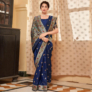 Blue Festive Wear Woven Soft Banarasi Silk Saree - Peachmode