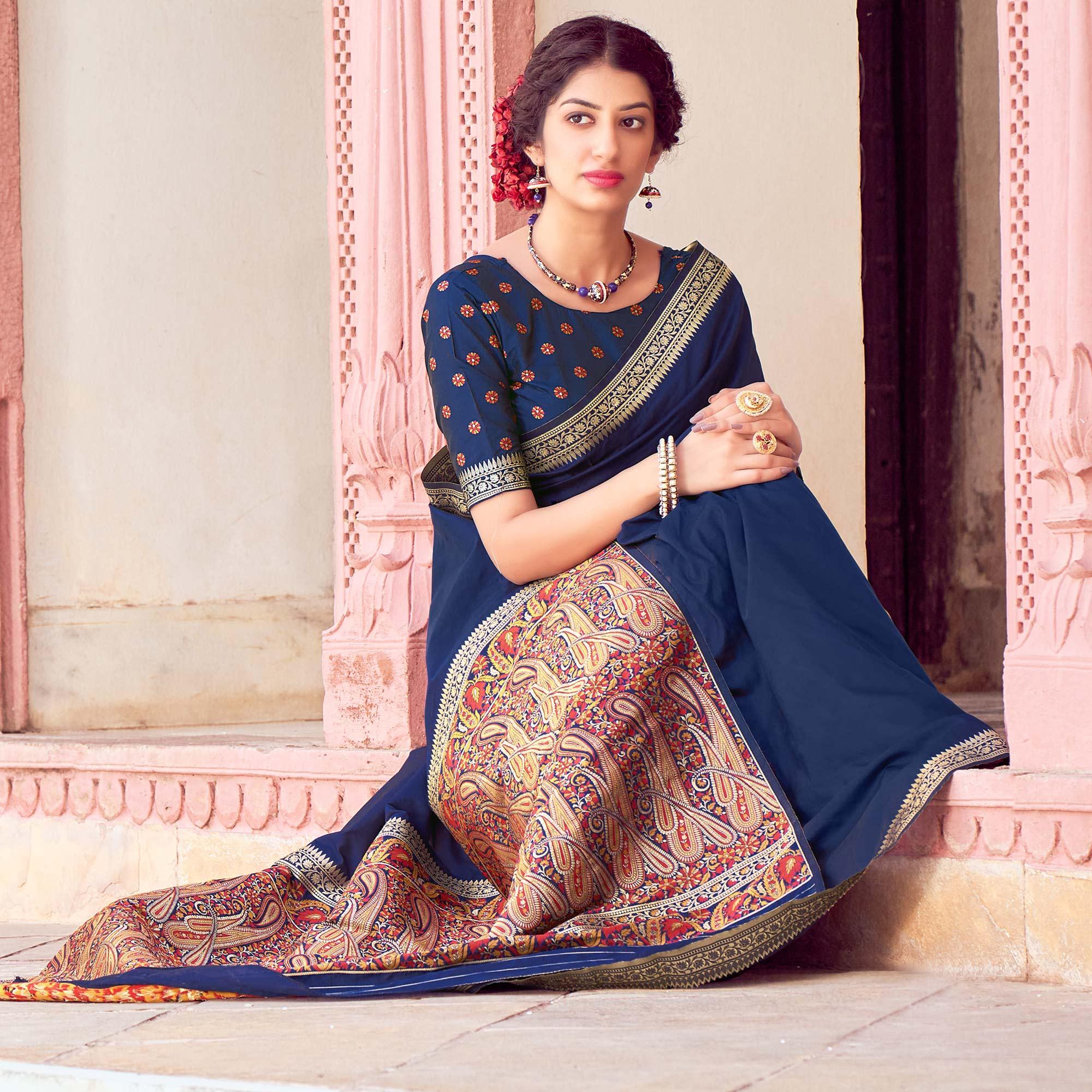 Blue Festive Wear Woven Soft Banarasi Silk Saree - Peachmode