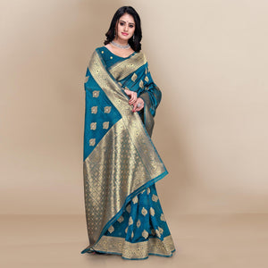 Blue Festive Wear Woven Soft Banarasi Silk Saree - Peachmode