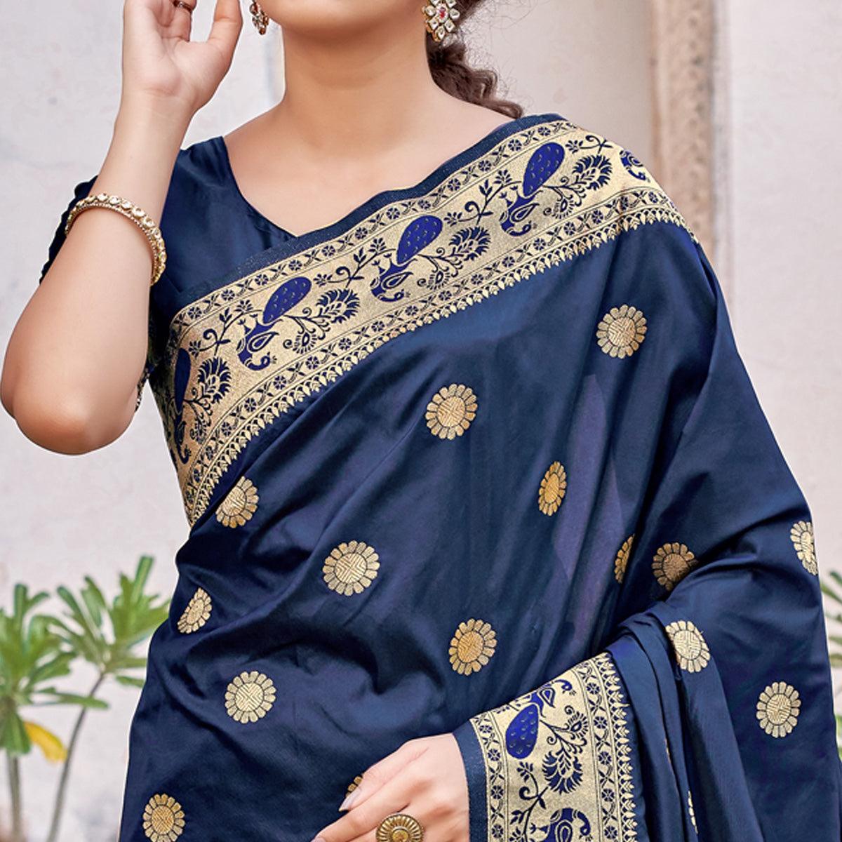 Blue Festive Wear Woven Soft Banarasi Silk Saree - Peachmode