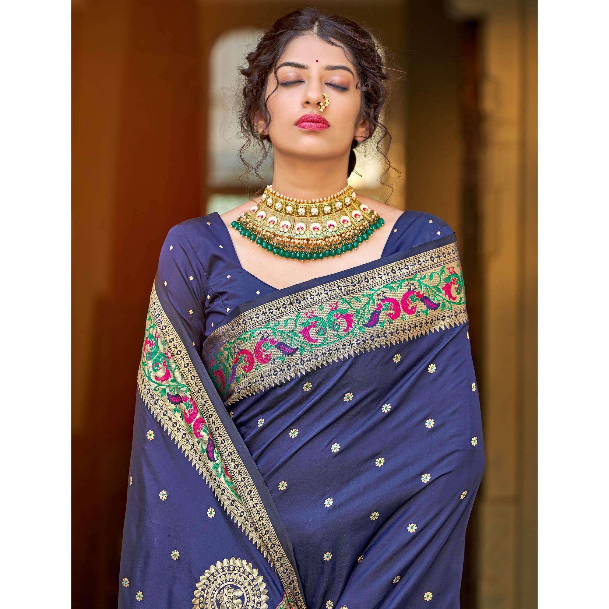 Blue Festive Wear Woven Soft Banarasi Silk Saree - Peachmode