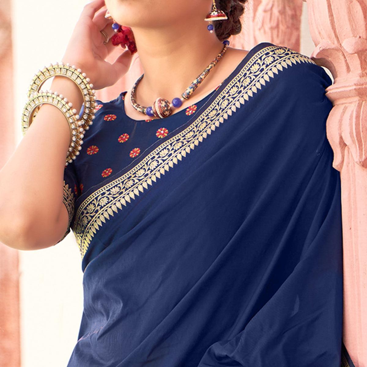 Blue Festive Wear Woven Soft Banarasi Silk Saree - Peachmode