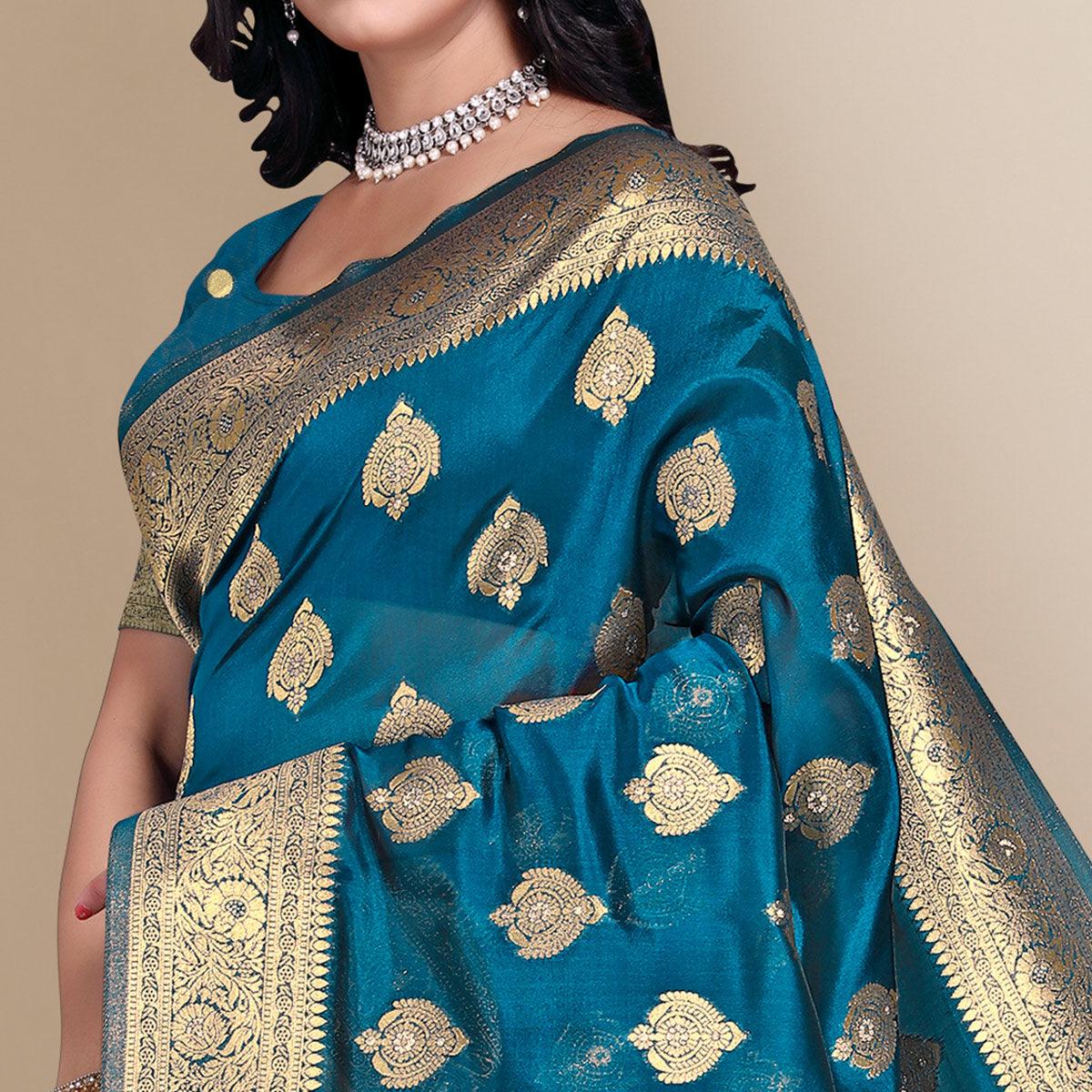 Blue Festive Wear Woven Soft Banarasi Silk Saree - Peachmode