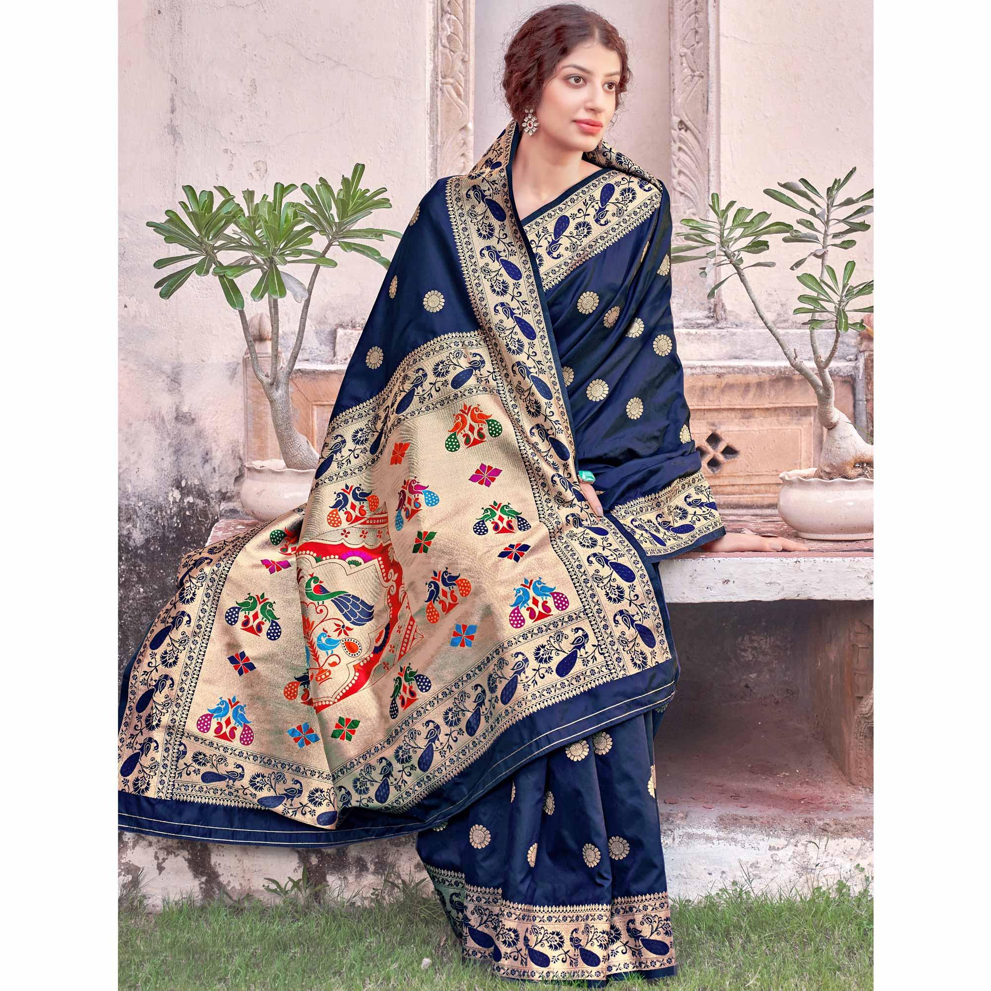 Blue Festive Wear Woven Soft Banarasi Silk Saree - Peachmode