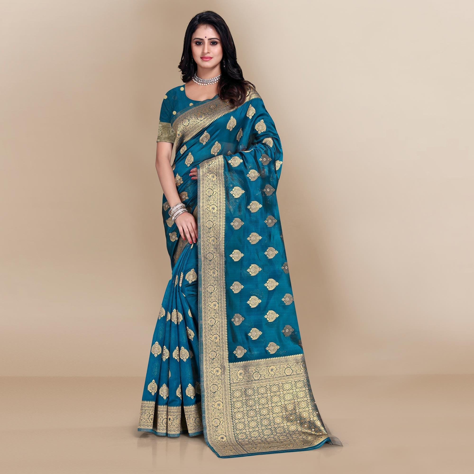 Blue Festive Wear Woven Soft Banarasi Silk Saree - Peachmode