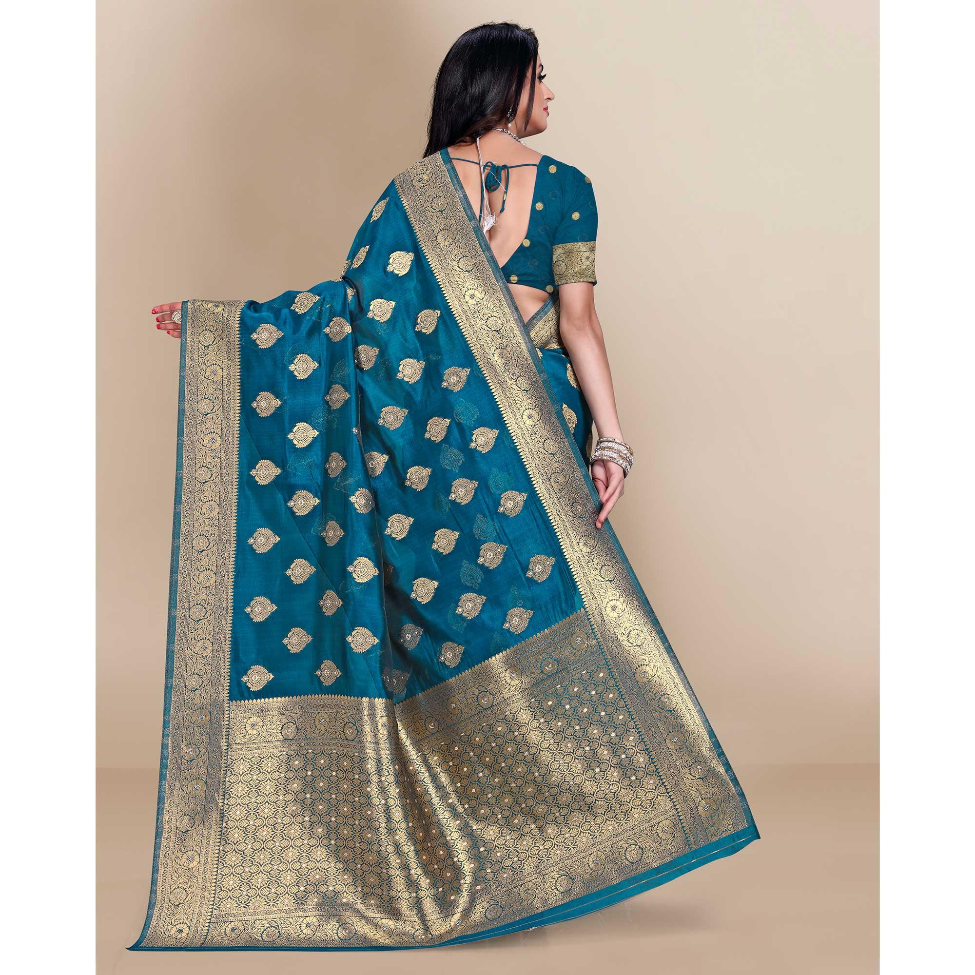 Blue Festive Wear Woven Soft Banarasi Silk Saree - Peachmode