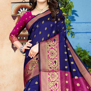 Blue Festive Wear Woven Soft Maithili Silk Saree - Peachmode