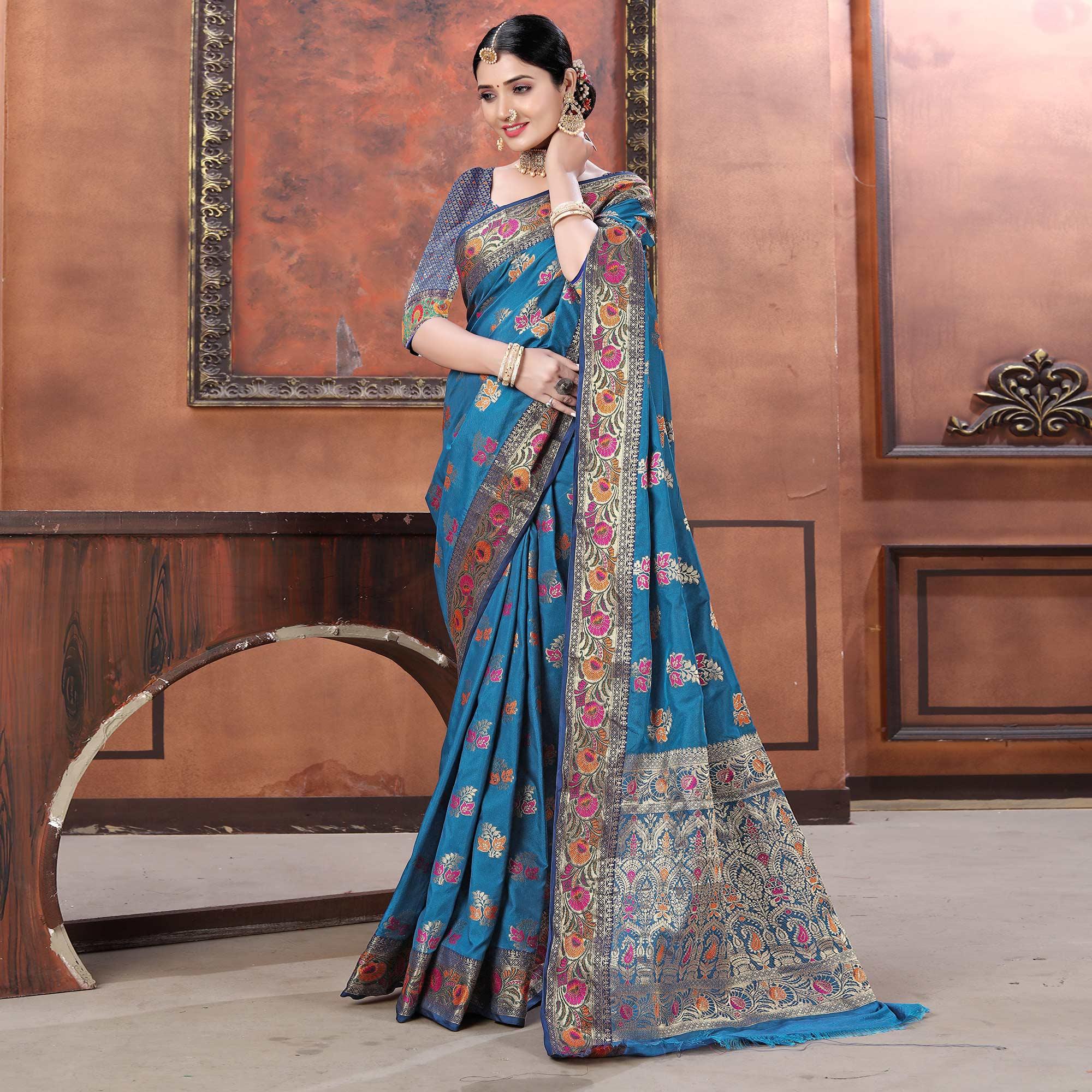 Blue Festive Wear Woven Soft Silk Saree - Peachmode