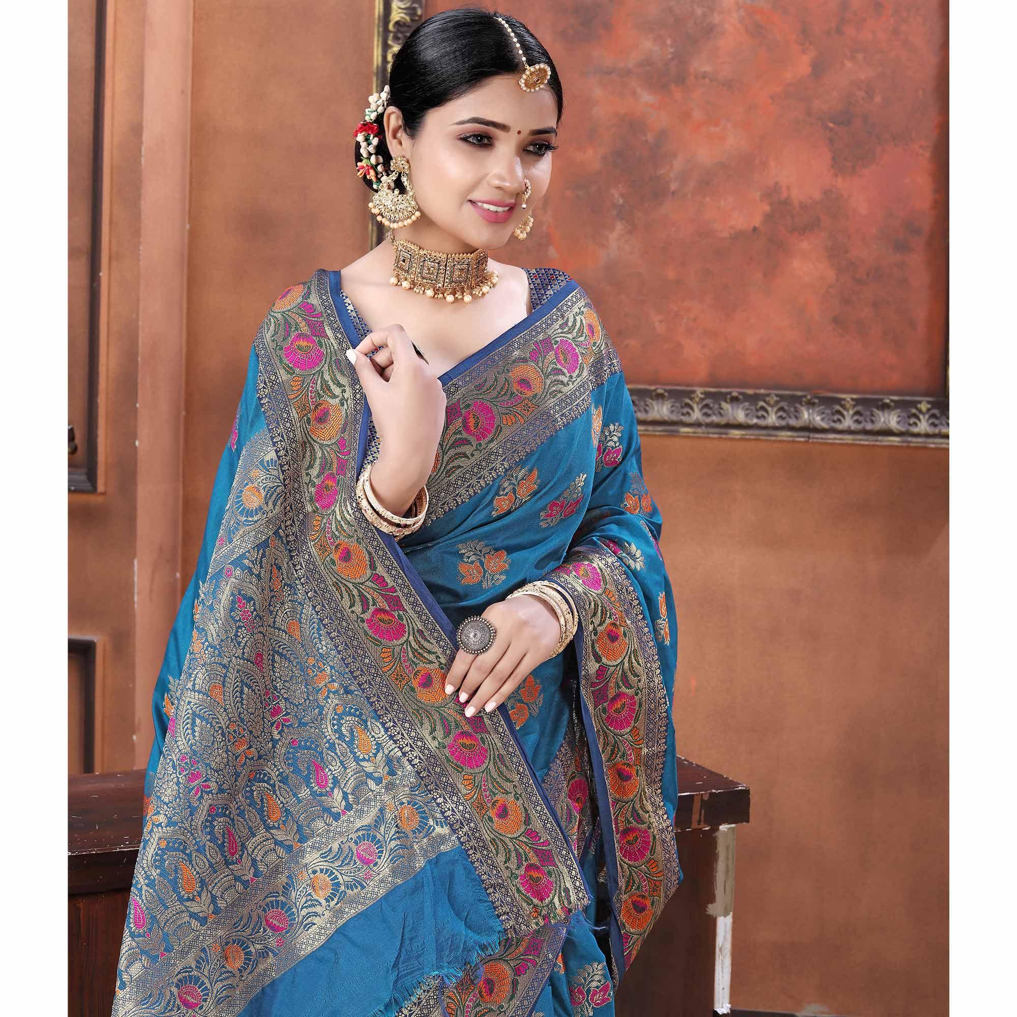 Blue Festive Wear Woven Soft Silk Saree - Peachmode