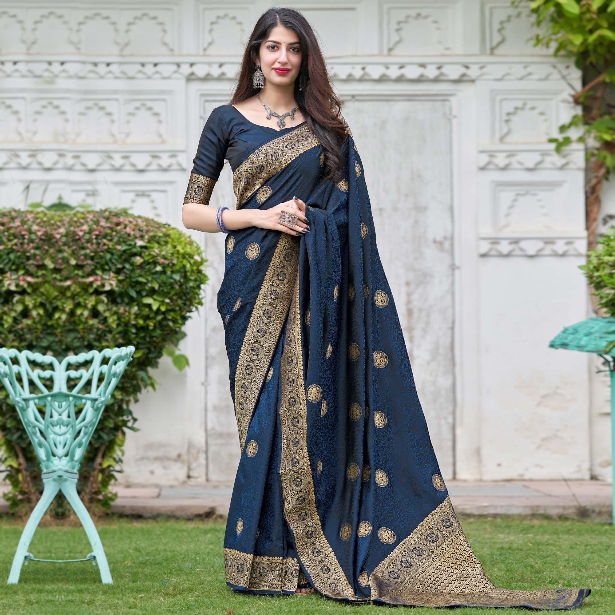 Blue Festive Wear Woven Soft Silk Satin Saree - Peachmode