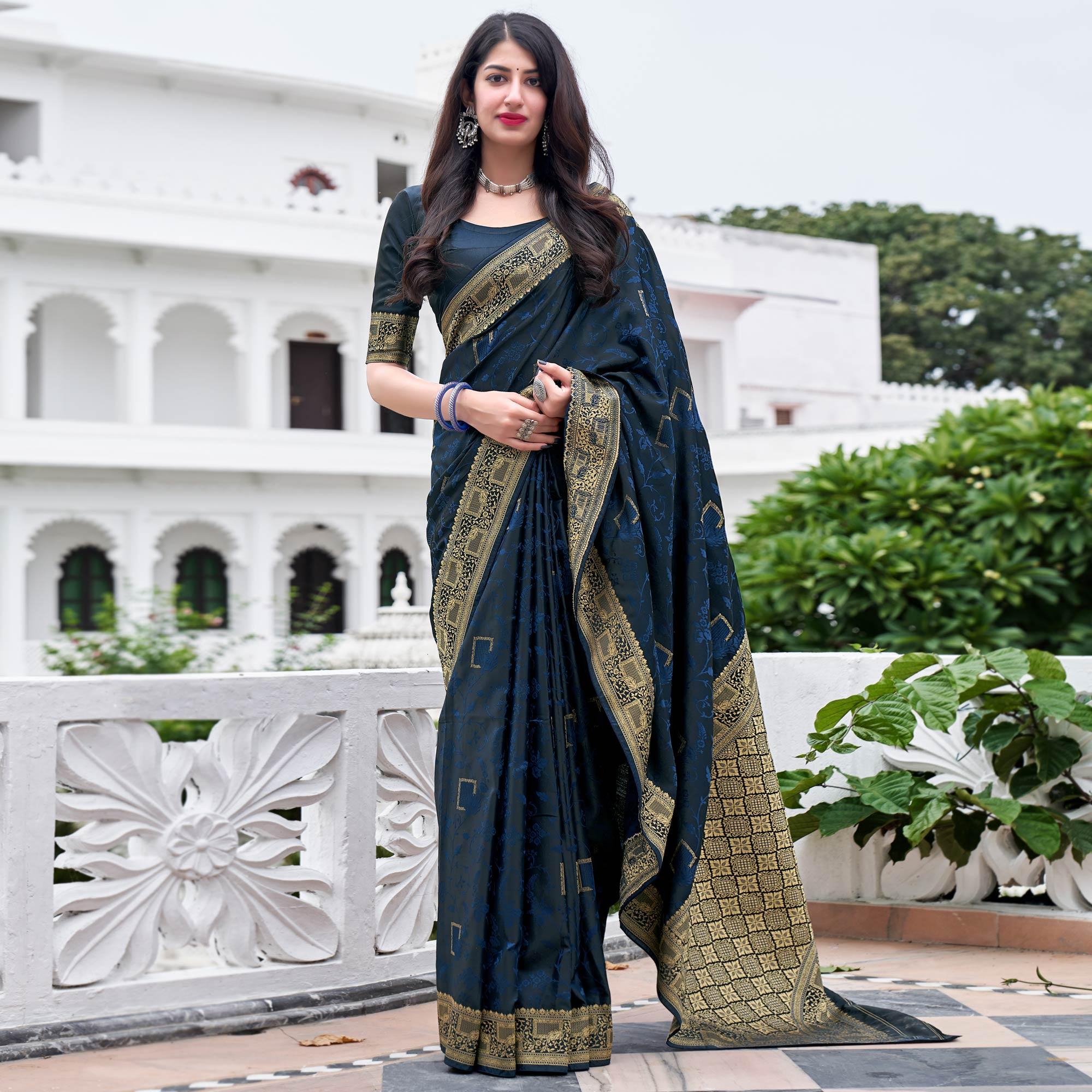 Blue Festive Wear Woven Soft Silk Satin Saree - Peachmode