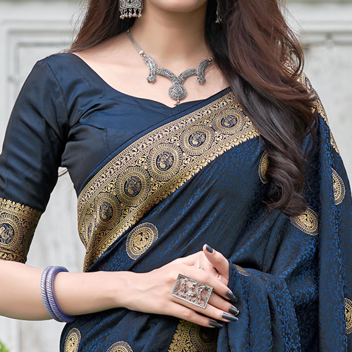 Blue Festive Wear Woven Soft Silk Satin Saree - Peachmode