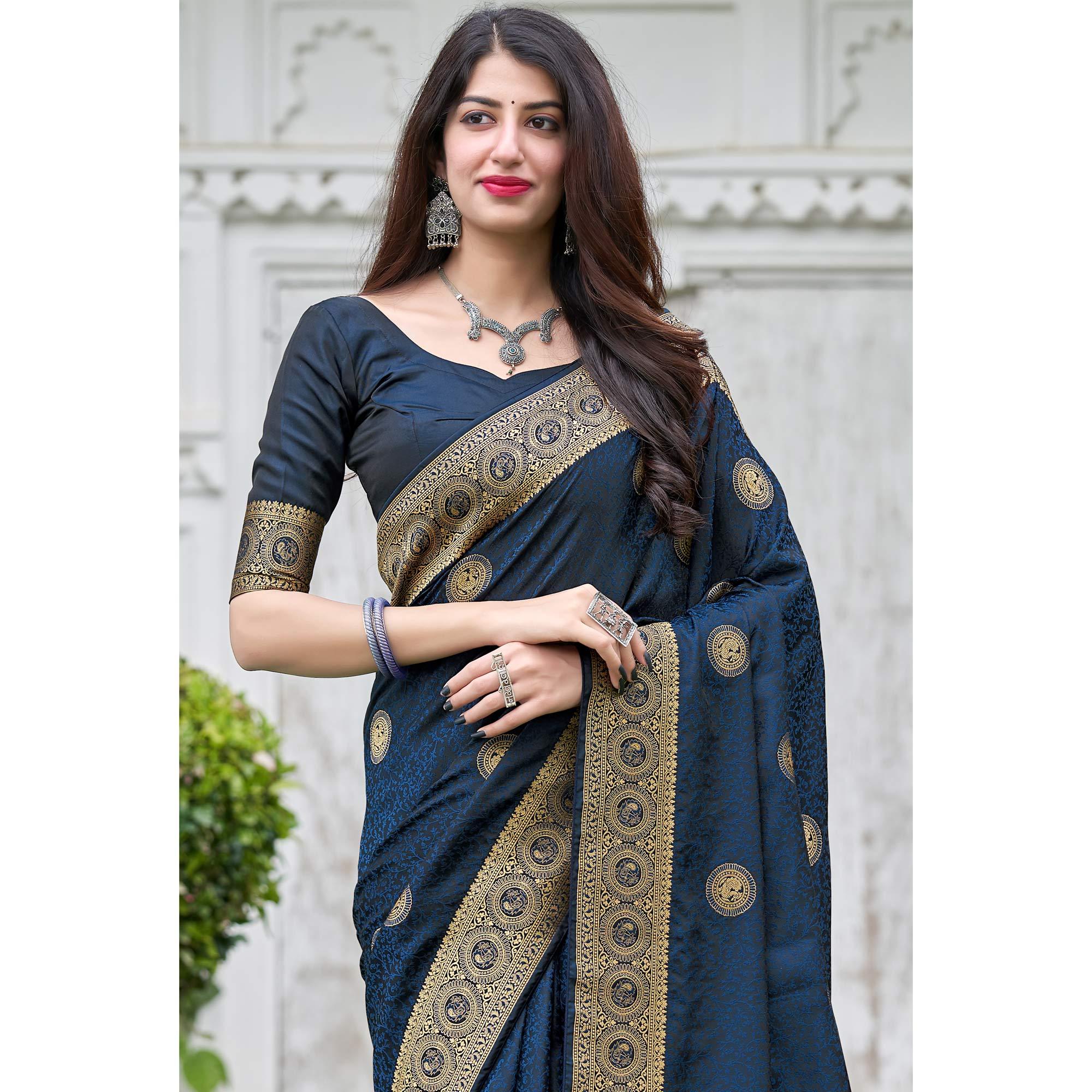 Blue Festive Wear Woven Soft Silk Satin Saree - Peachmode