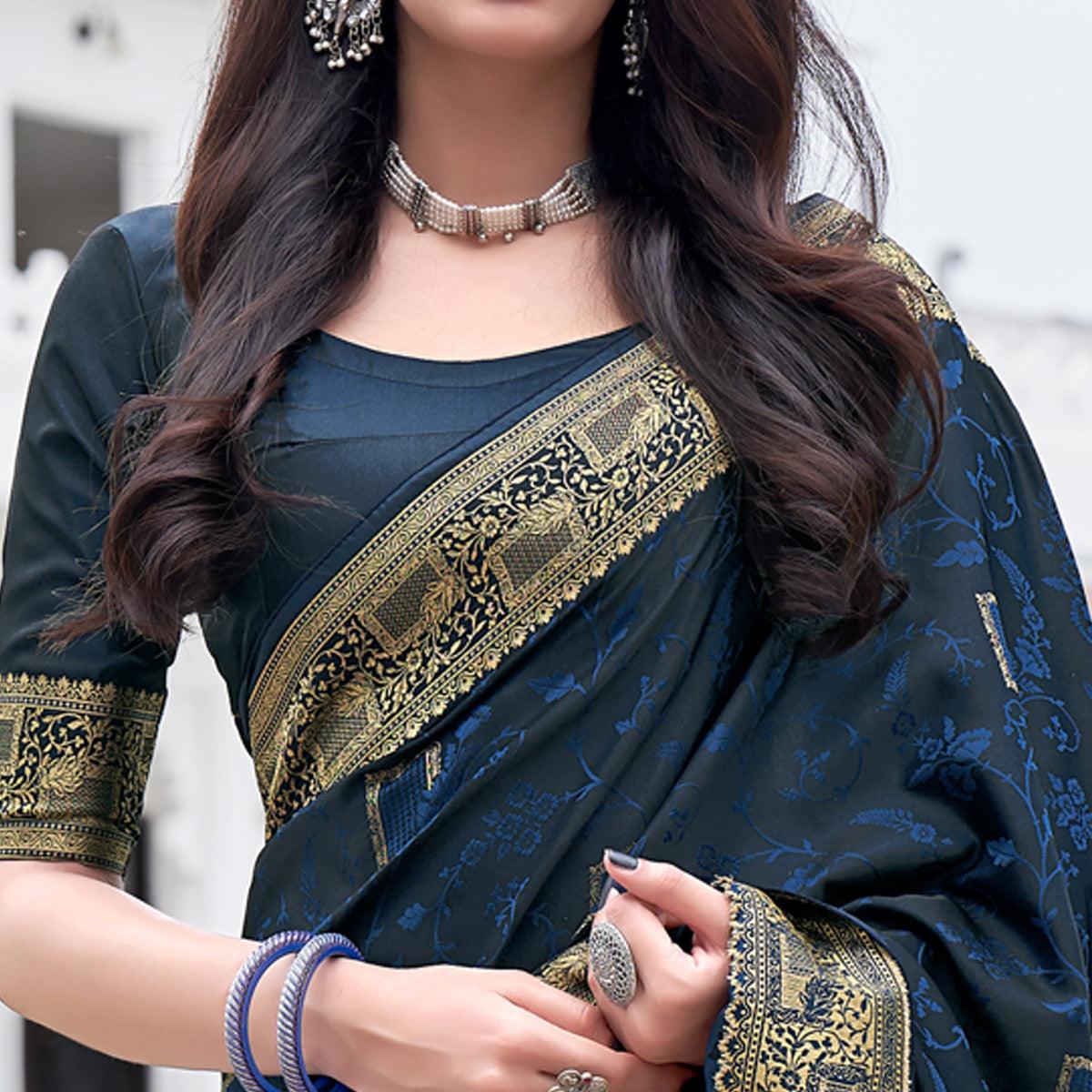 Blue Festive Wear Woven Soft Silk Satin Saree - Peachmode