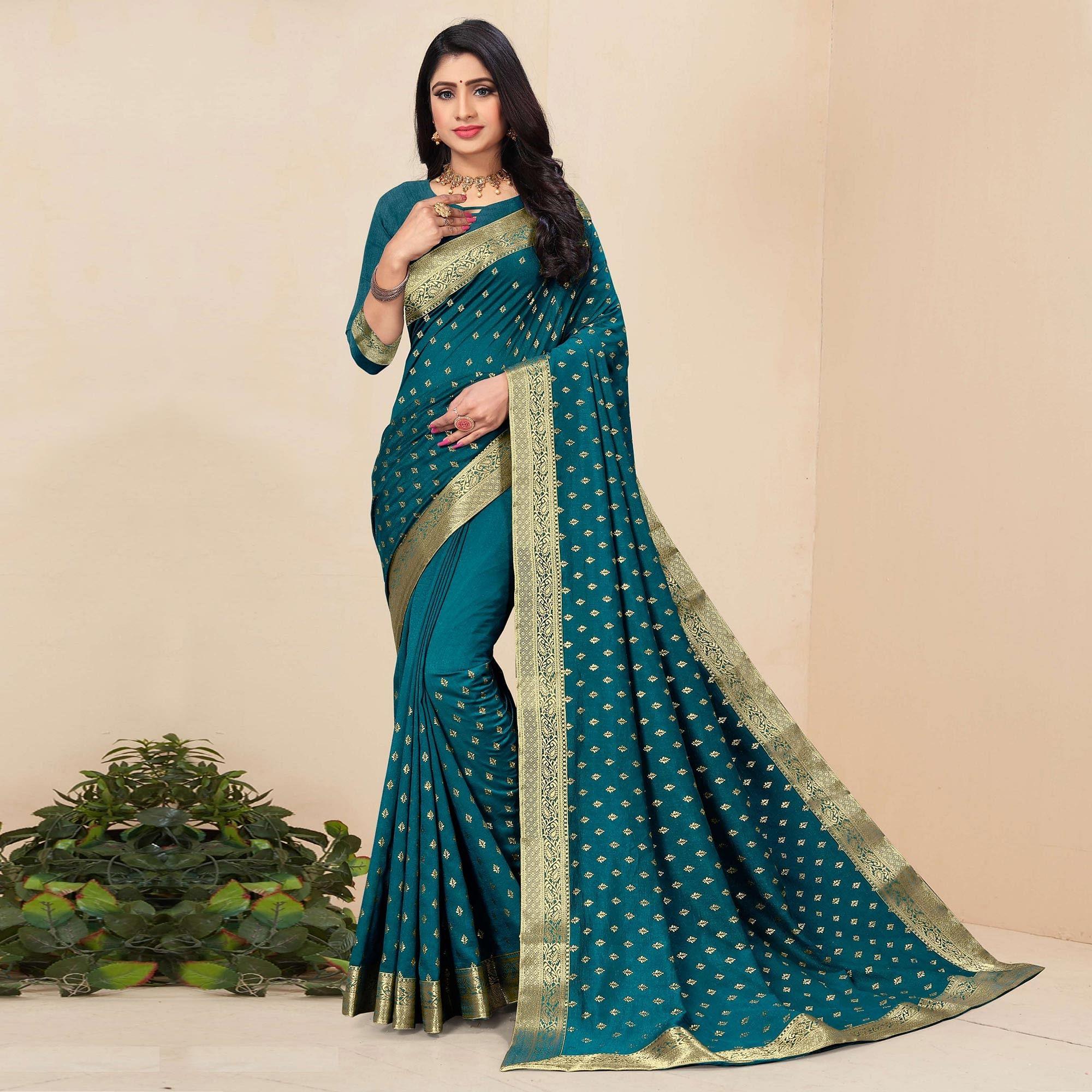 Blue Festive Wear Woven Vichitra Silk Saree - Peachmode