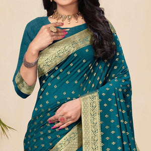 Blue Festive Wear Woven Vichitra Silk Saree - Peachmode