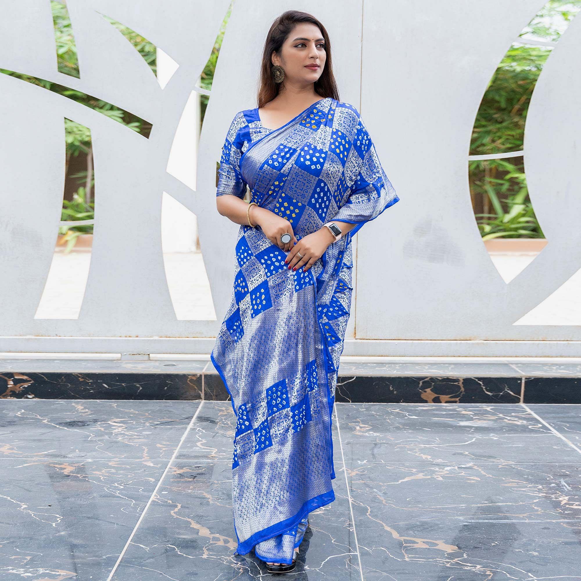 Blue Festive Wear Woven With Bandhani Printed Art Silk Saree - Peachmode