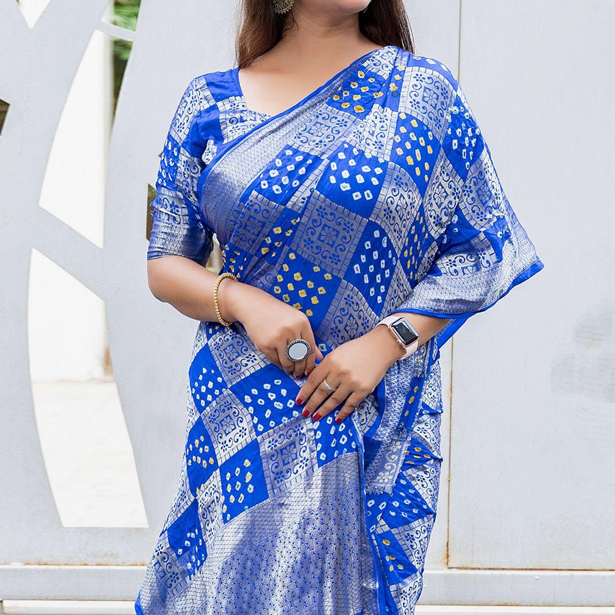 Blue Festive Wear Woven With Bandhani Printed Art Silk Saree - Peachmode