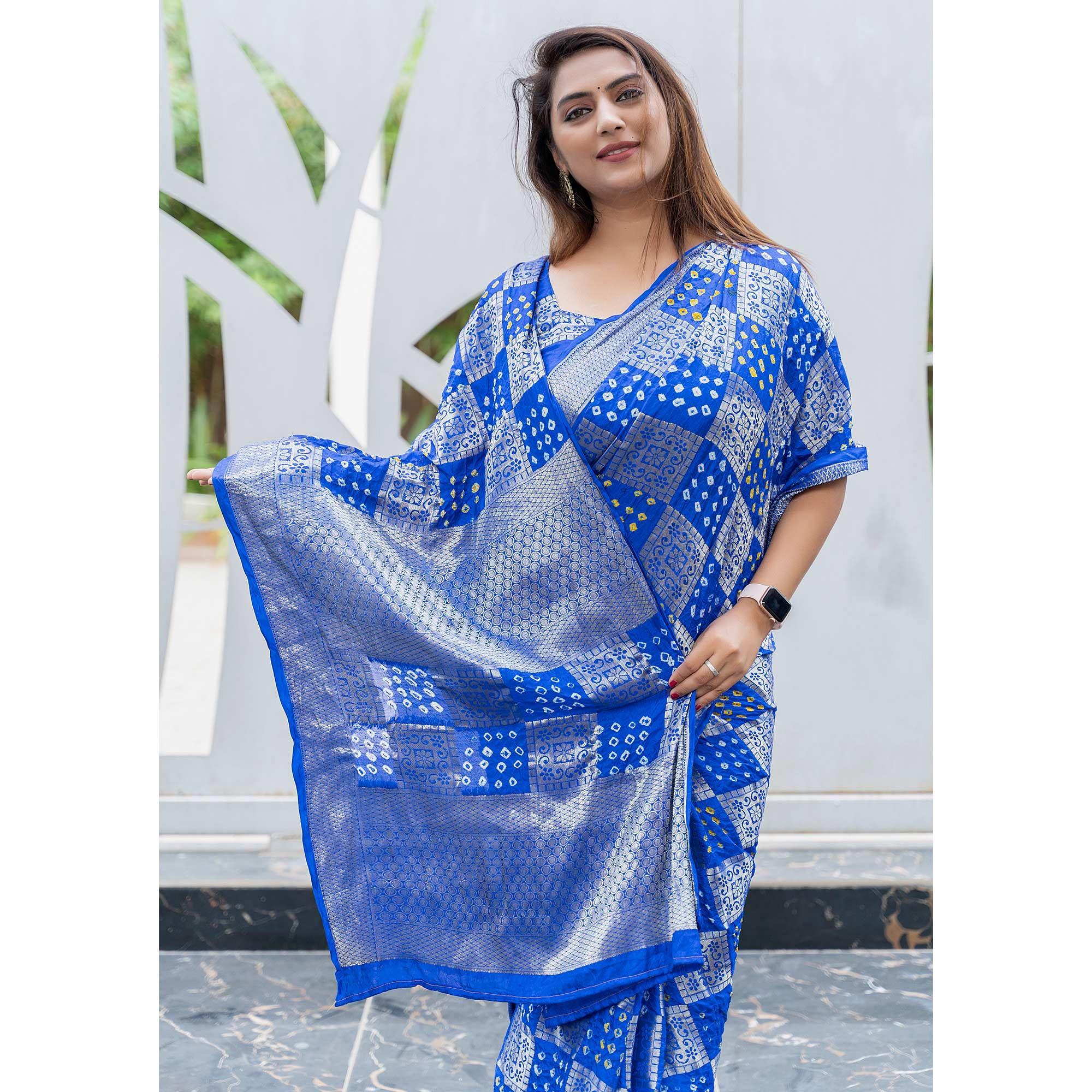 Blue Festive Wear Woven With Bandhani Printed Art Silk Saree - Peachmode