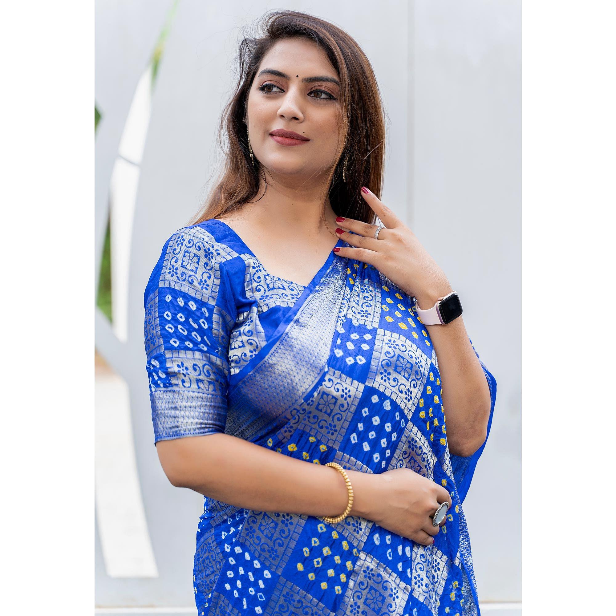 Blue Festive Wear Woven With Bandhani Printed Art Silk Saree - Peachmode