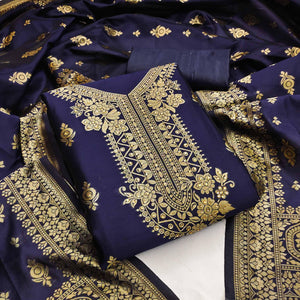 Blue Festive Wear Woven With Embellished Jacquard Dress Material - Peachmode