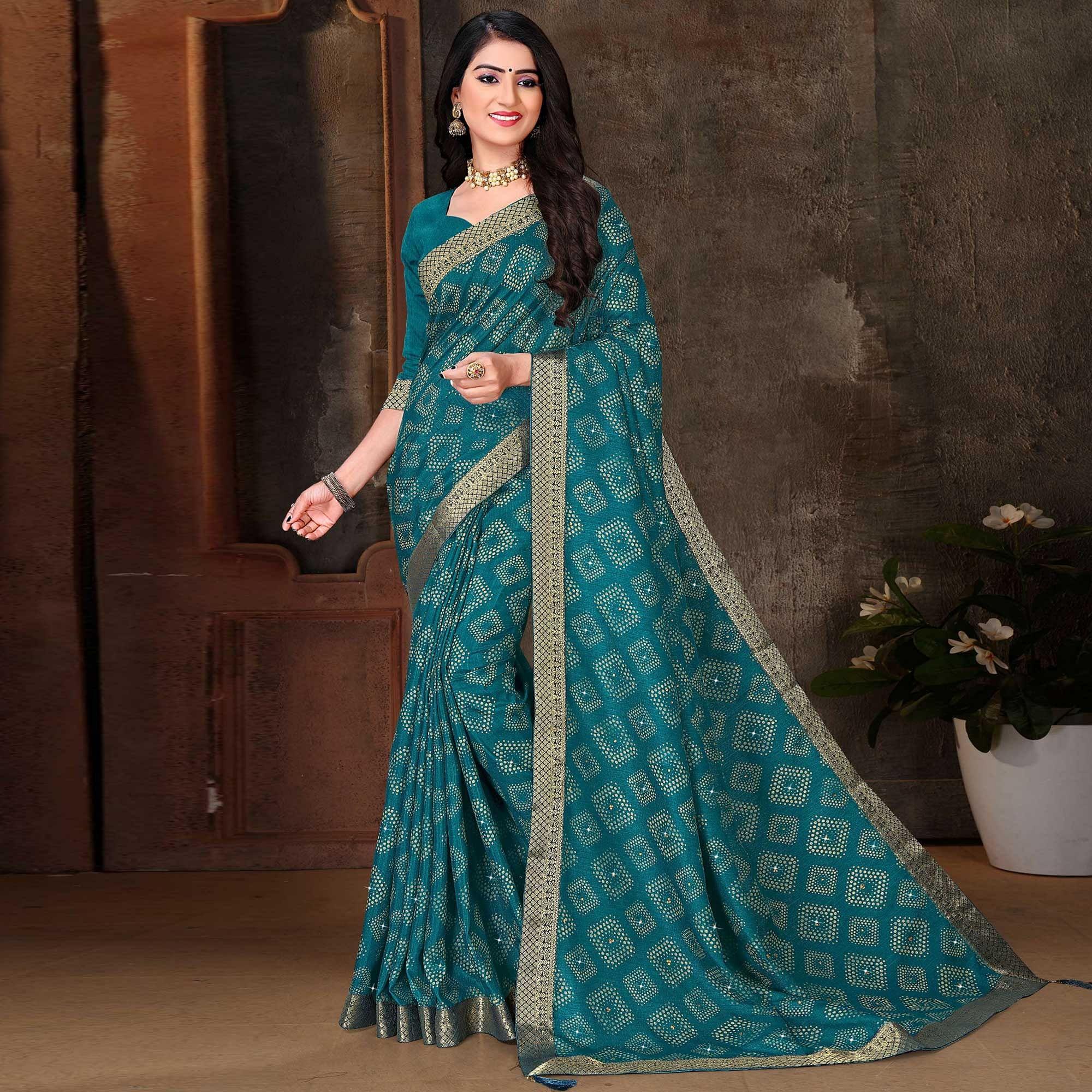Blue Festive Wear Woven With Embellished Vichitra Silk Saree - Peachmode