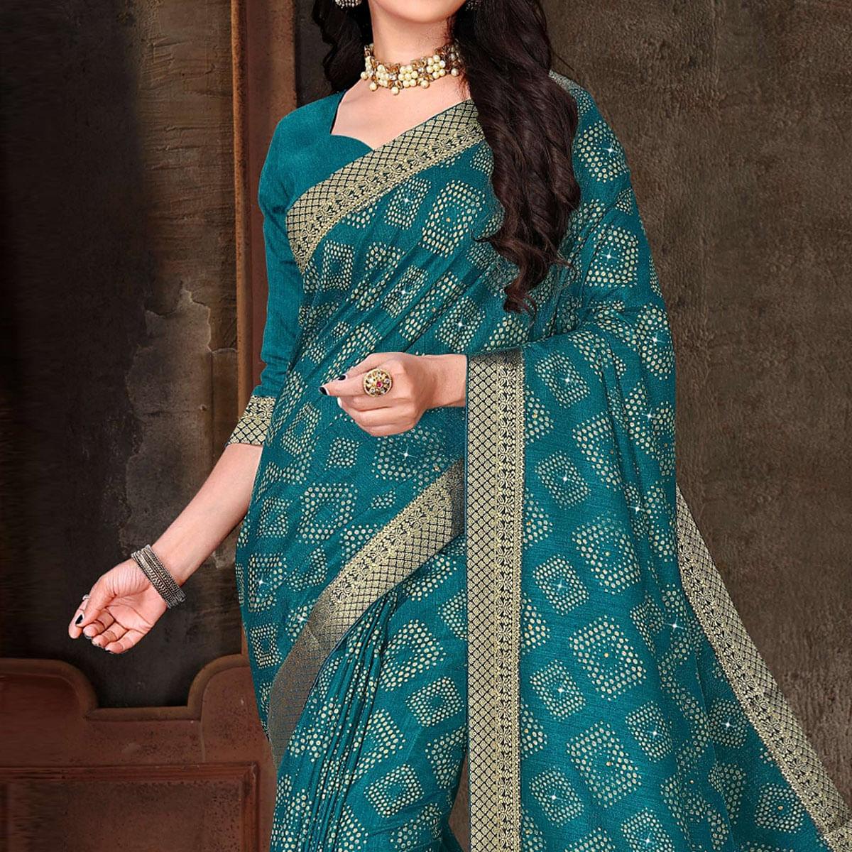 Blue Festive Wear Woven With Embellished Vichitra Silk Saree - Peachmode
