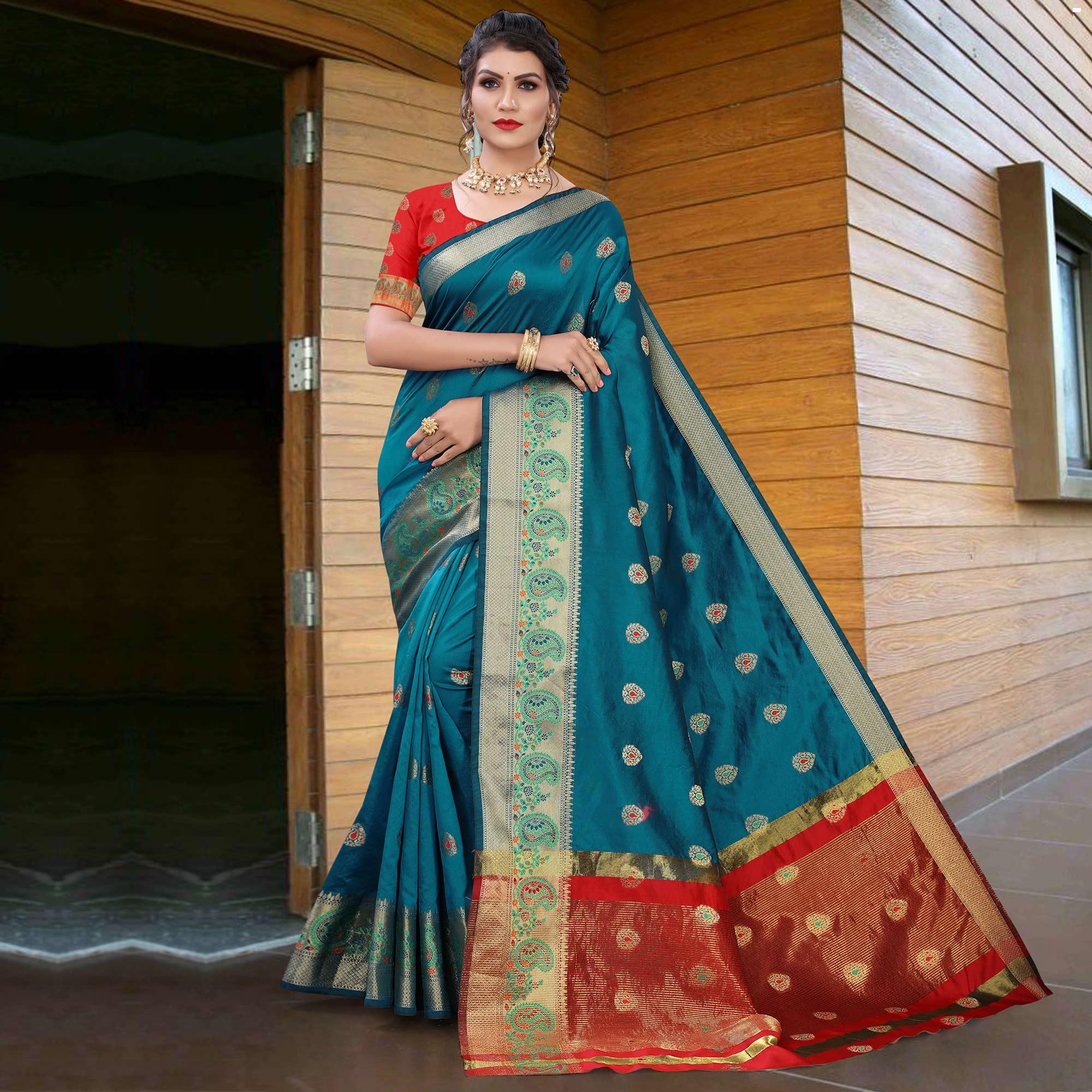 Blue Festive Wear Woven With Meena Butta Lining Pallu Soft Silk Saree - Peachmode