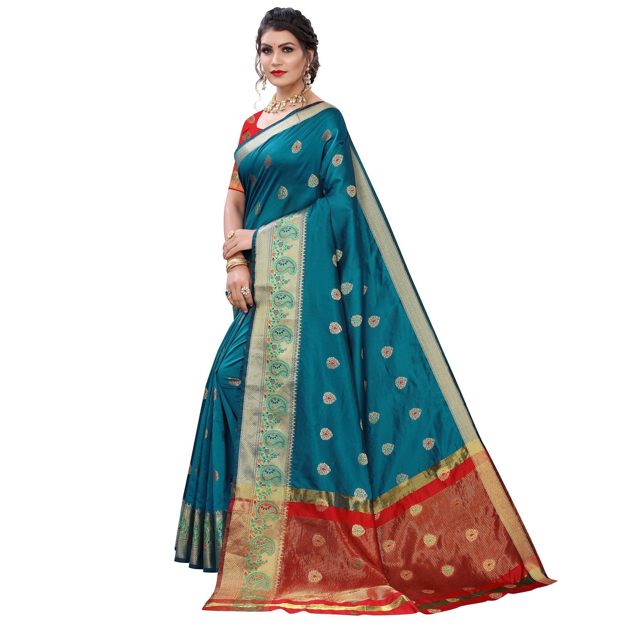 Blue Festive Wear Woven With Meena Butta Lining Pallu Soft Silk Saree - Peachmode
