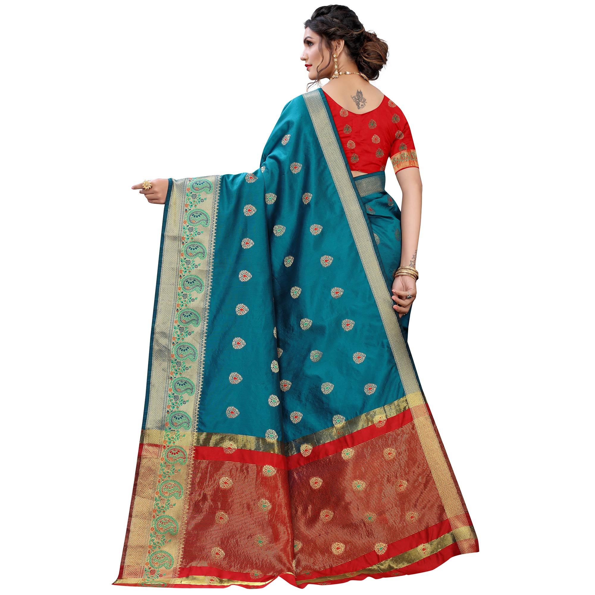 Blue Festive Wear Woven With Meena Butta Lining Pallu Soft Silk Saree - Peachmode