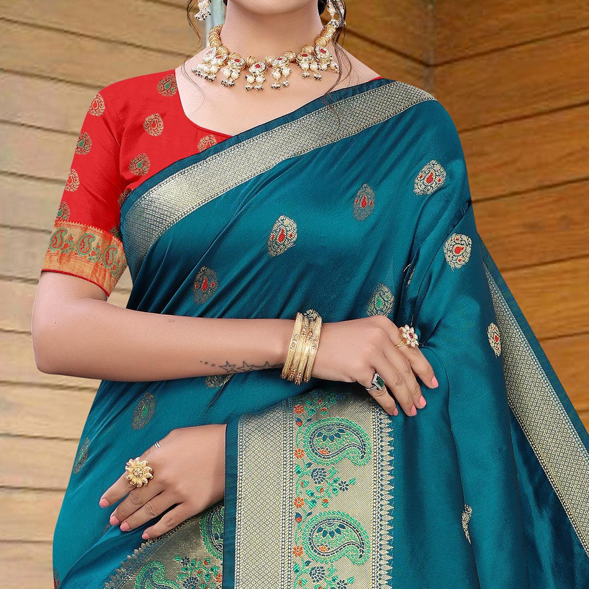Blue Festive Wear Woven With Meena Butta Lining Pallu Soft Silk Saree - Peachmode