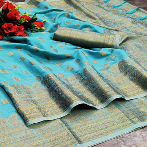 Blue Festive Wear Woven With  Meena Butta Rich Pallu Cotton Saree - Peachmode