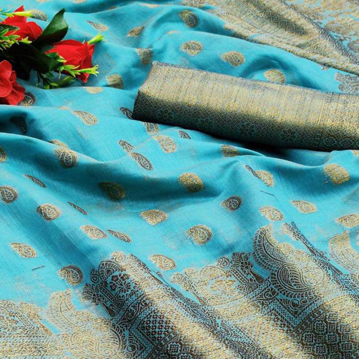Blue Festive Wear Woven With  Meena Butta Rich Pallu Cotton Saree - Peachmode