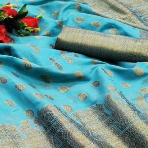 Blue Festive Wear Woven With  Meena Butta Rich Pallu Cotton Saree - Peachmode