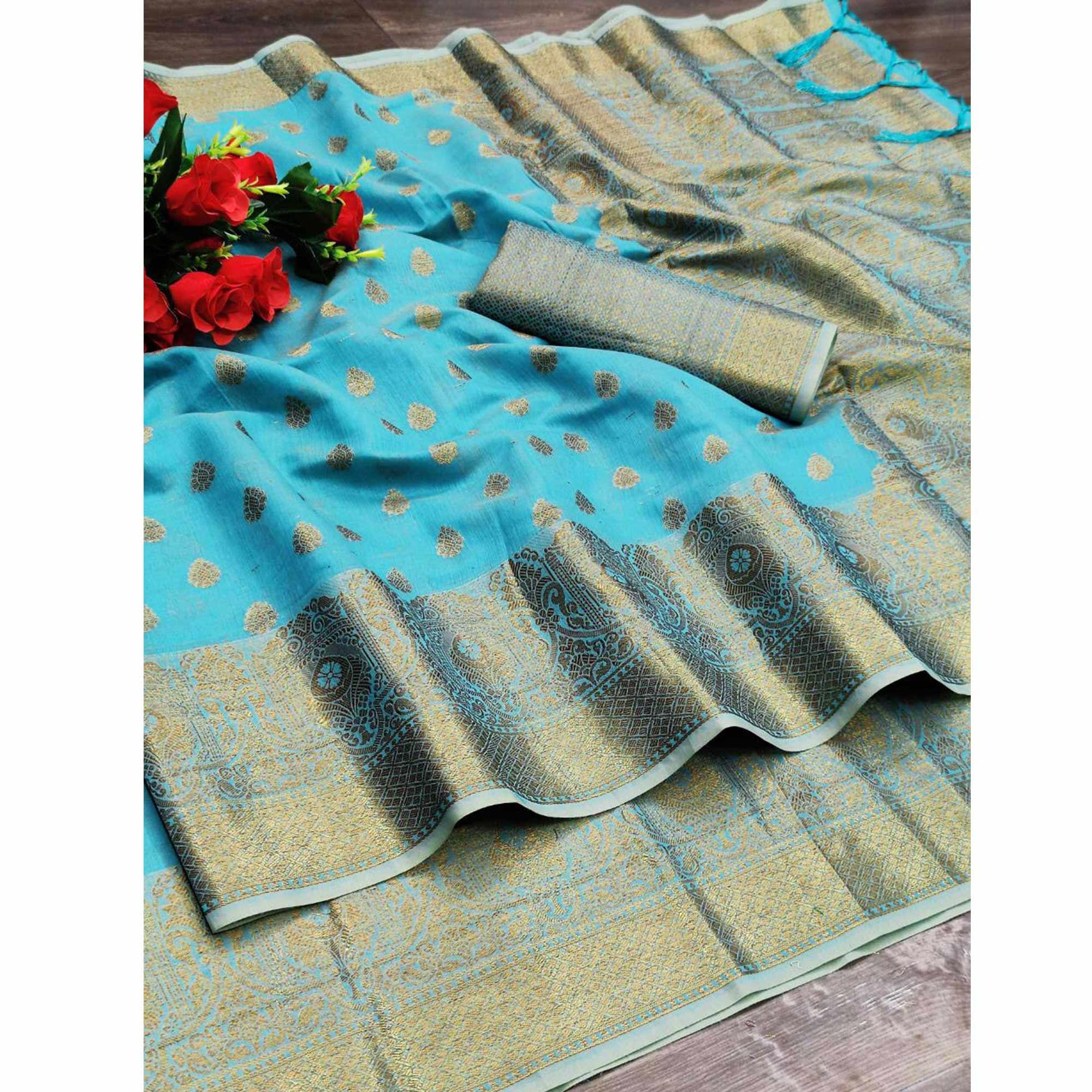 Blue Festive Wear Woven With  Meena Butta Rich Pallu Cotton Saree - Peachmode