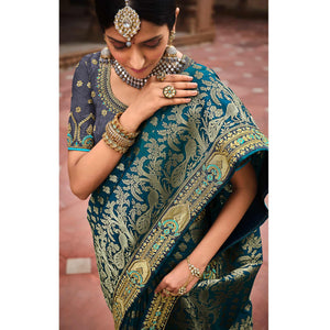 Blue Festive Wear Woven With Zari & Diamond Work Banarasi Silk Saree - Peachmode