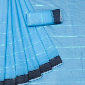 Blue Festive Wear Zari Stripe Cotton Saree - Peachmode